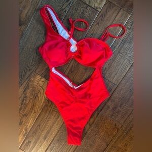 Red Cutout One Shoulder One Piece Swimsuit
